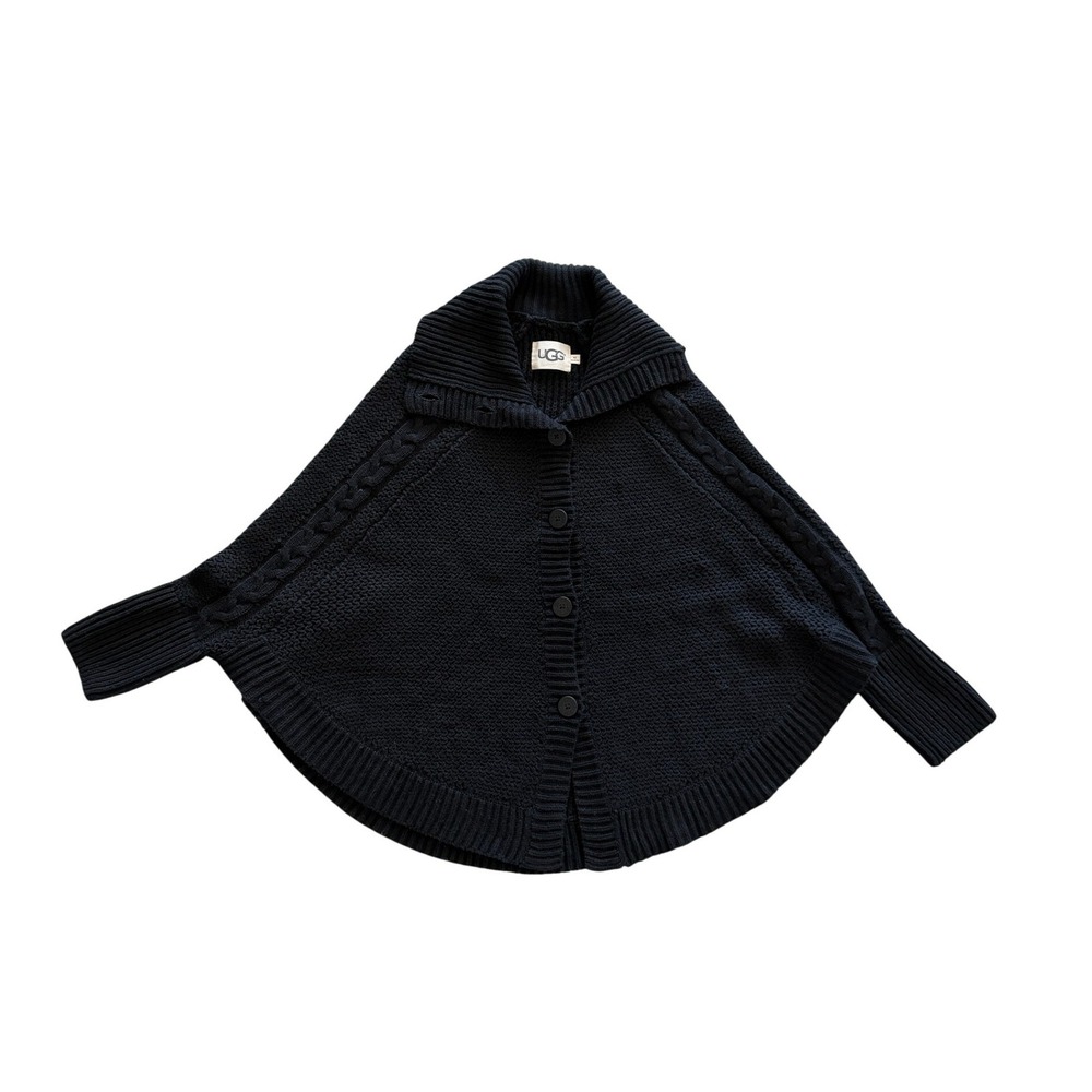 UGG Australia Black Cable Knit Button Front Poncho Sweater M/L Medium Large